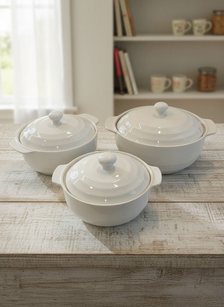 3-Piece Ceramic Soup Bowl Set With Lid White; Small Bowl 9 Inch, Medium Bowl 10.5 Inch, Large Bowl 12 Inch